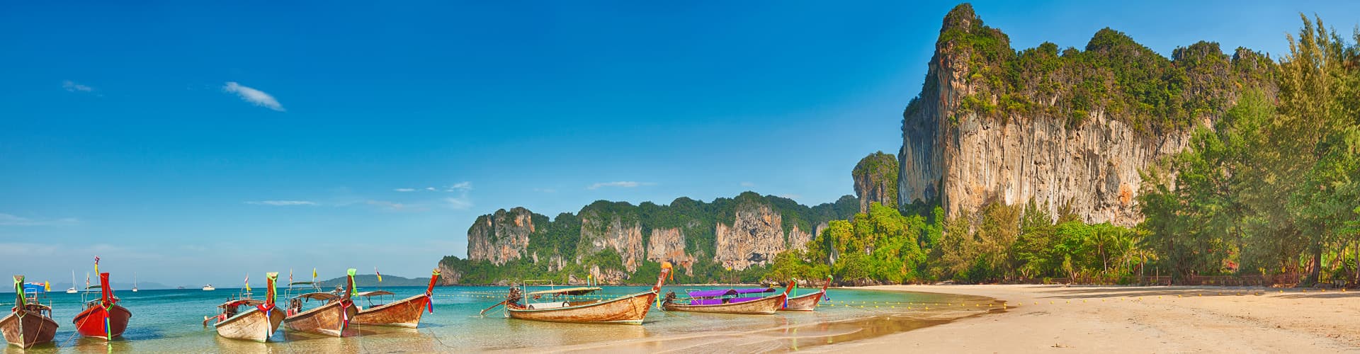 Panorama of Railay Beach with Thai boats, Thailand