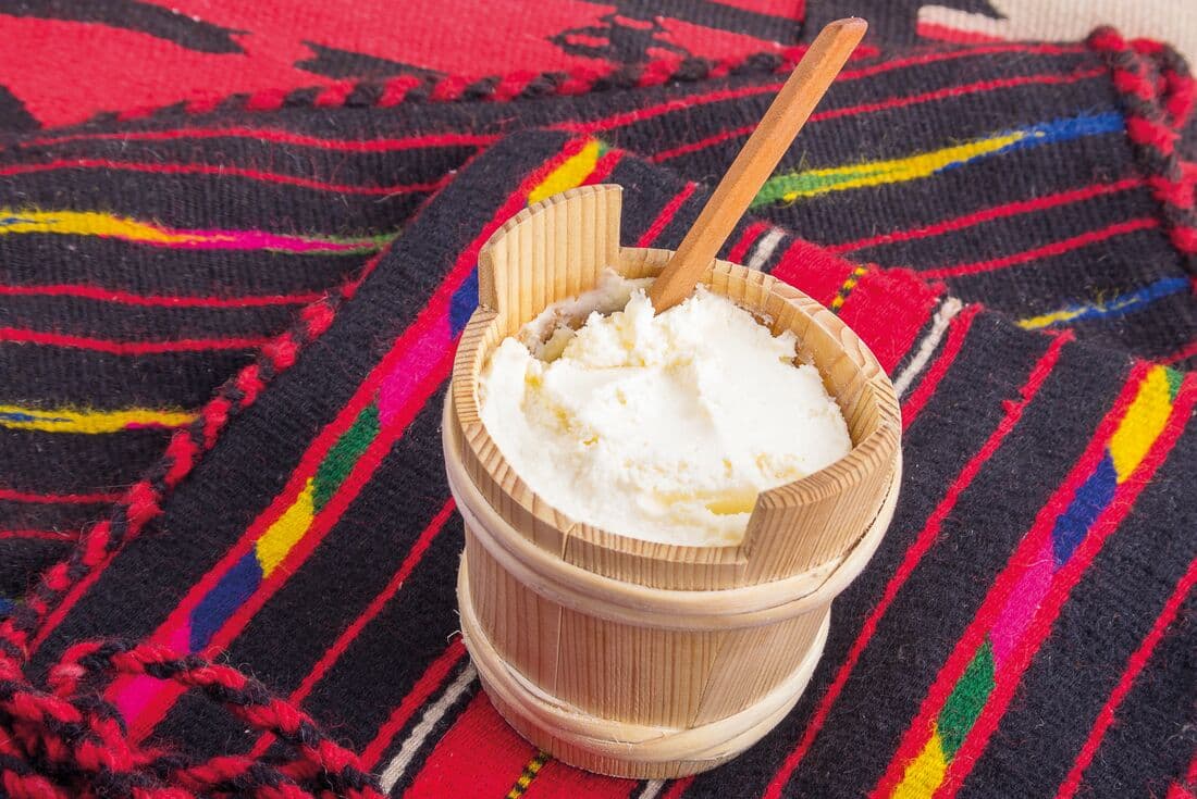 A freshly made vessel of Montenegrin new cheese, Kajmak, akin to sour cream