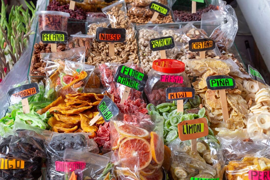 Bright colourful dried fruits available at San Pedro Market in Cusco, Peru