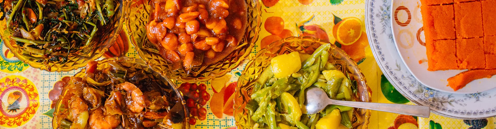 A top down view of a table full of Sri Lankan food.