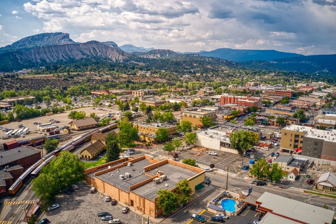 Aerial view of Durango with mountain view, Colorado, USA