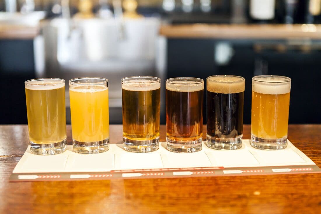 A flight of Czech beers ales and lagers in a bar in Prague for travellers to taste test