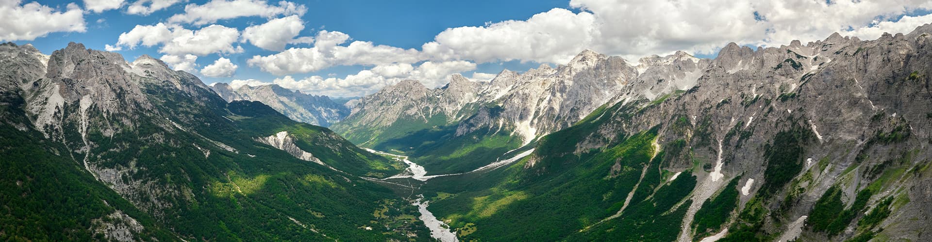 Panoramic view of the Albanian Alps and Valbona Valley landscape, Albania