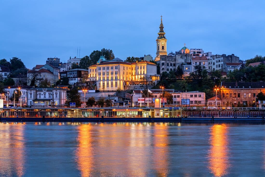 Belgrade riverside with twinkling lights in the evening