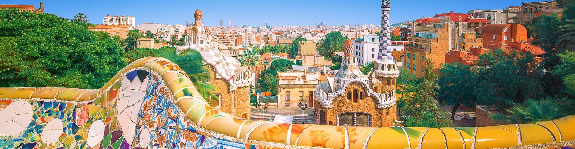 Colourful mosaic and buildings of Guell Park, Barcelona, Spain