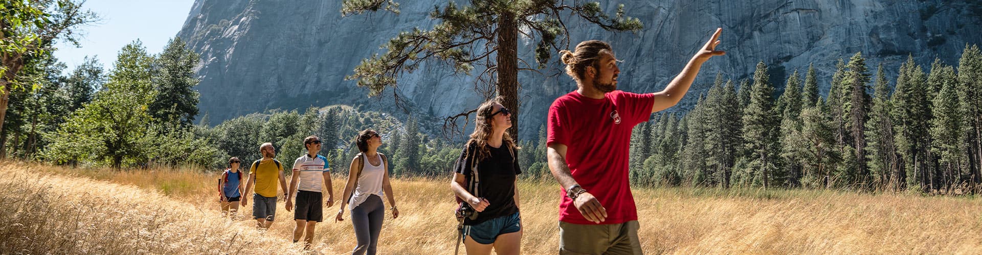 Group of travellers hiking in Yosemite NP with local guide