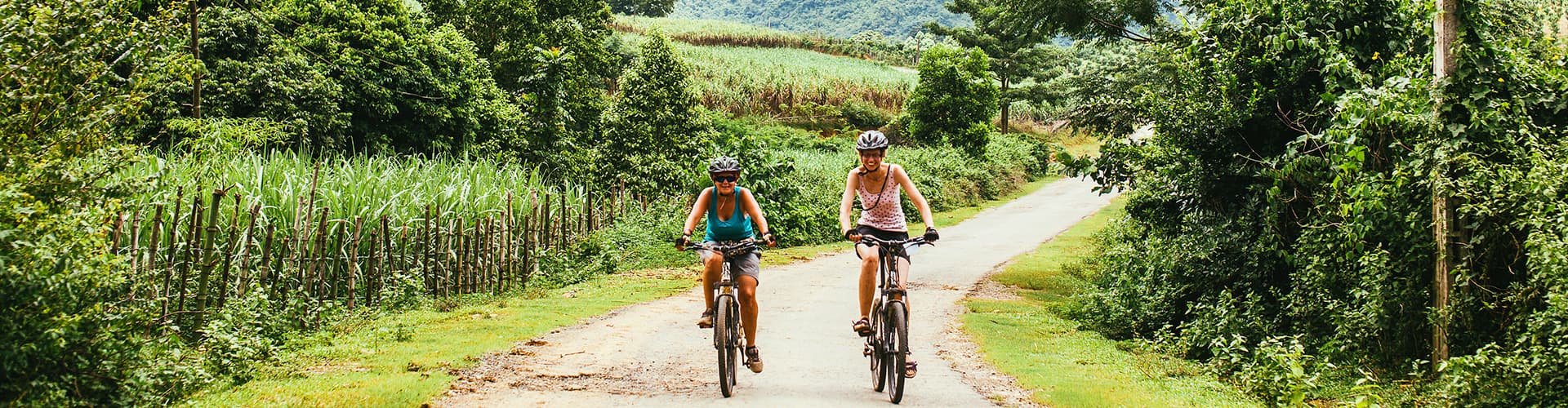 Travellers cycling through the lush vietnamese countryside on an Intrepid Trip.