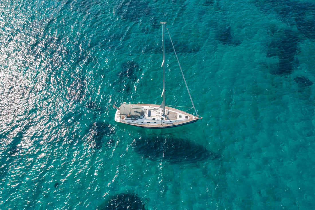 Aerial view of the Ocean Star 56 yacht in the Ionian Sea in Greece