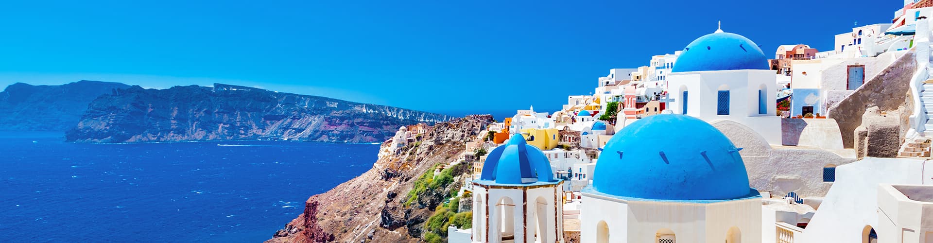 Blue sky and blue water of Santorini in Greece