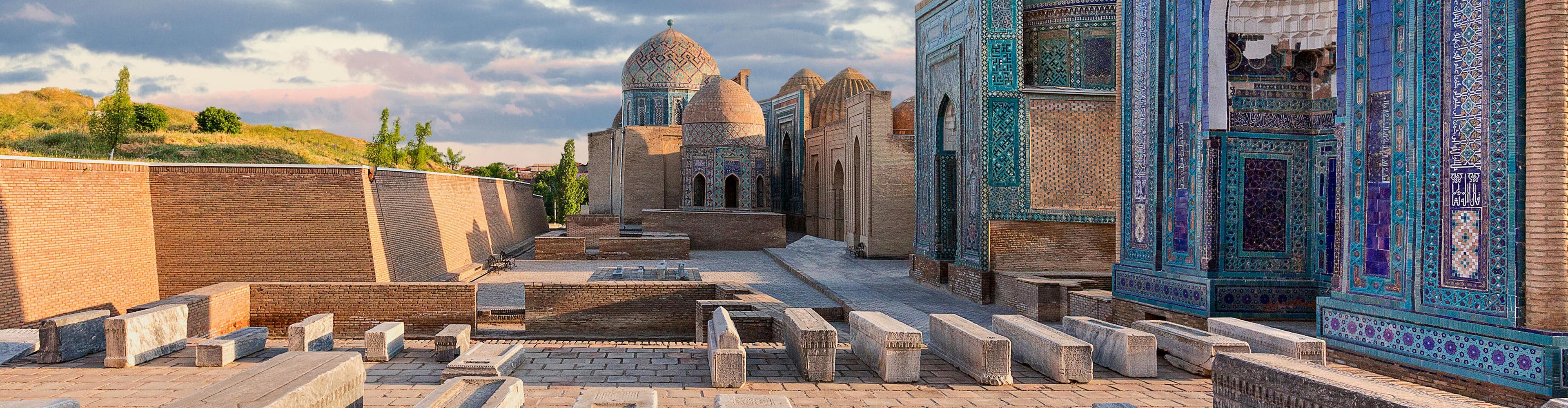 Historical necropolis of Shakhi Zinda at sunset, Samarkand, Uzbekistan.