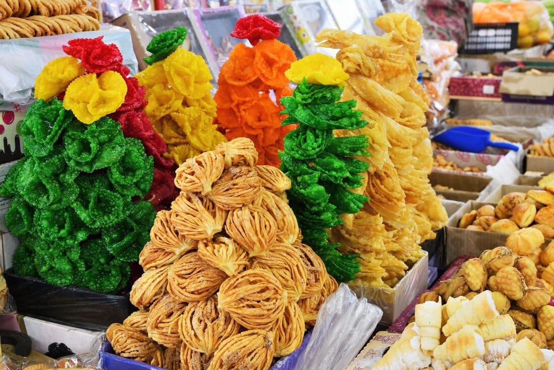 Bazaar sweets in towering piles in Bishkek in Kyrgyzstan