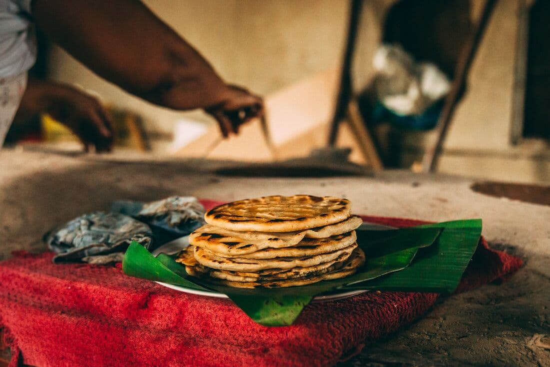 A plate of tortillas prepared on green leaves, Costa Rica