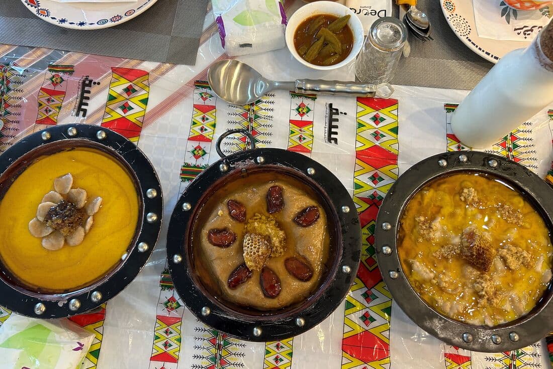 A flatlay of dishes in the Asir Province, Saudia Arabia