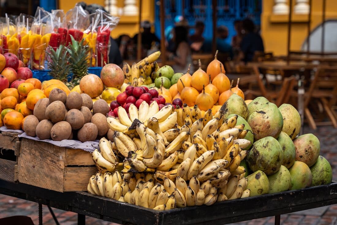 An assortment of colourful local produce fruits in Cartagena, Colombia
