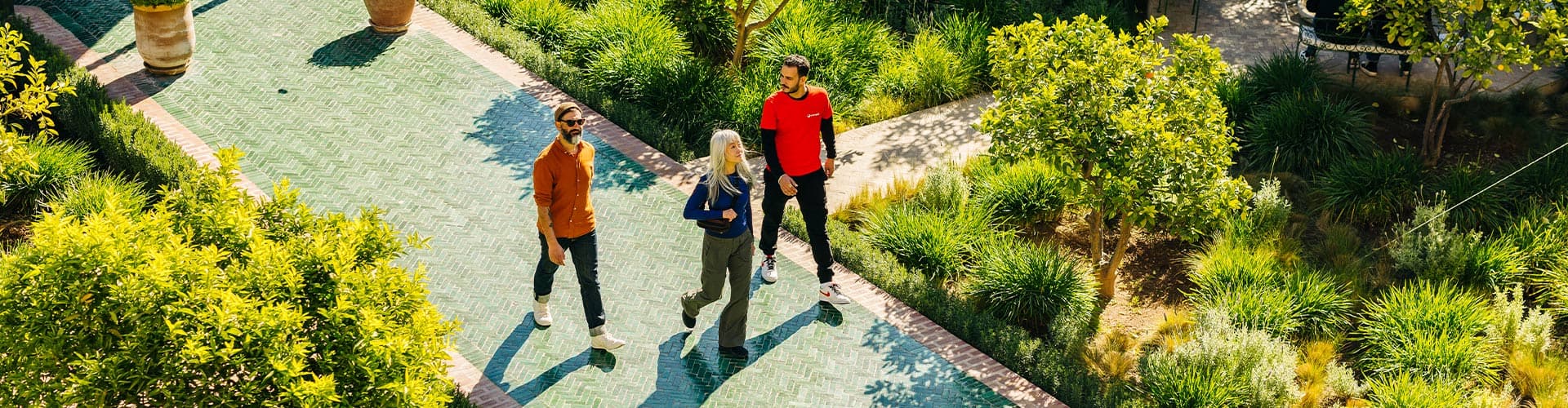 Walking through gardens in Marrakesh, Morocco
