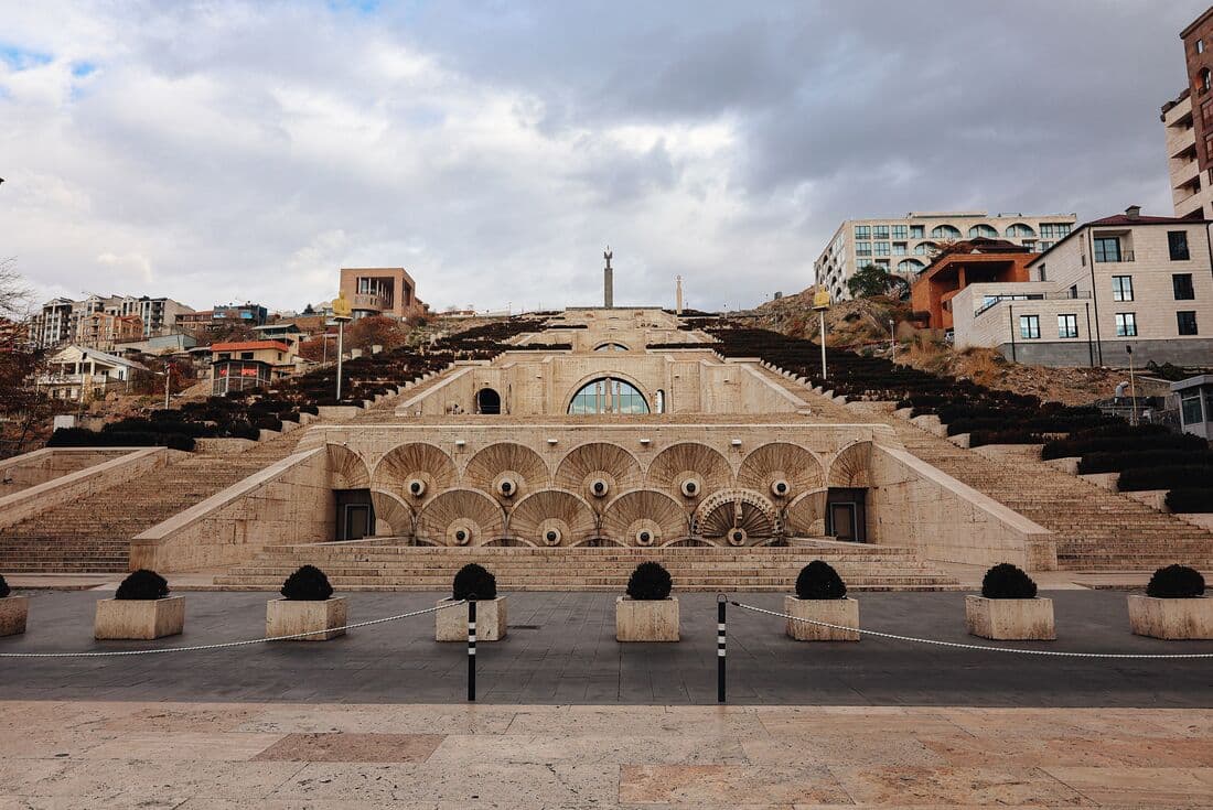 A wider panoramic shot of Yerevan cascade complex with its detailed architectural designs