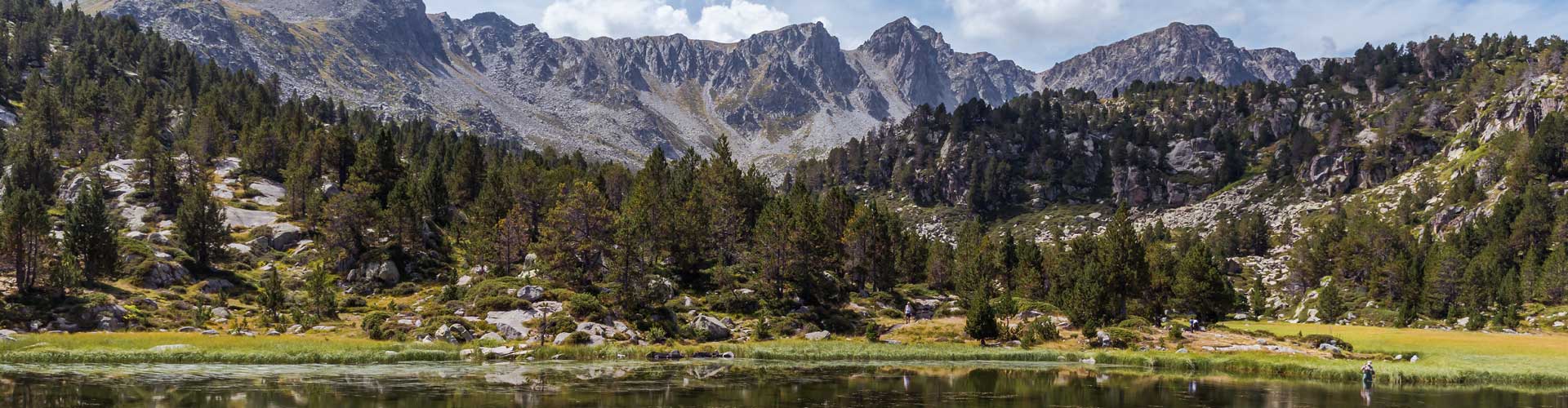 Wide shot of the Pyranees Mountains with green trees on hillside and a lake in the foreground