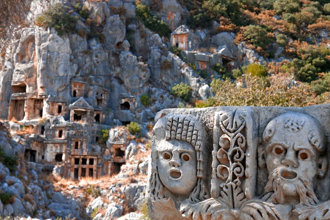 Antalya carved face ruins in Demre Turkey