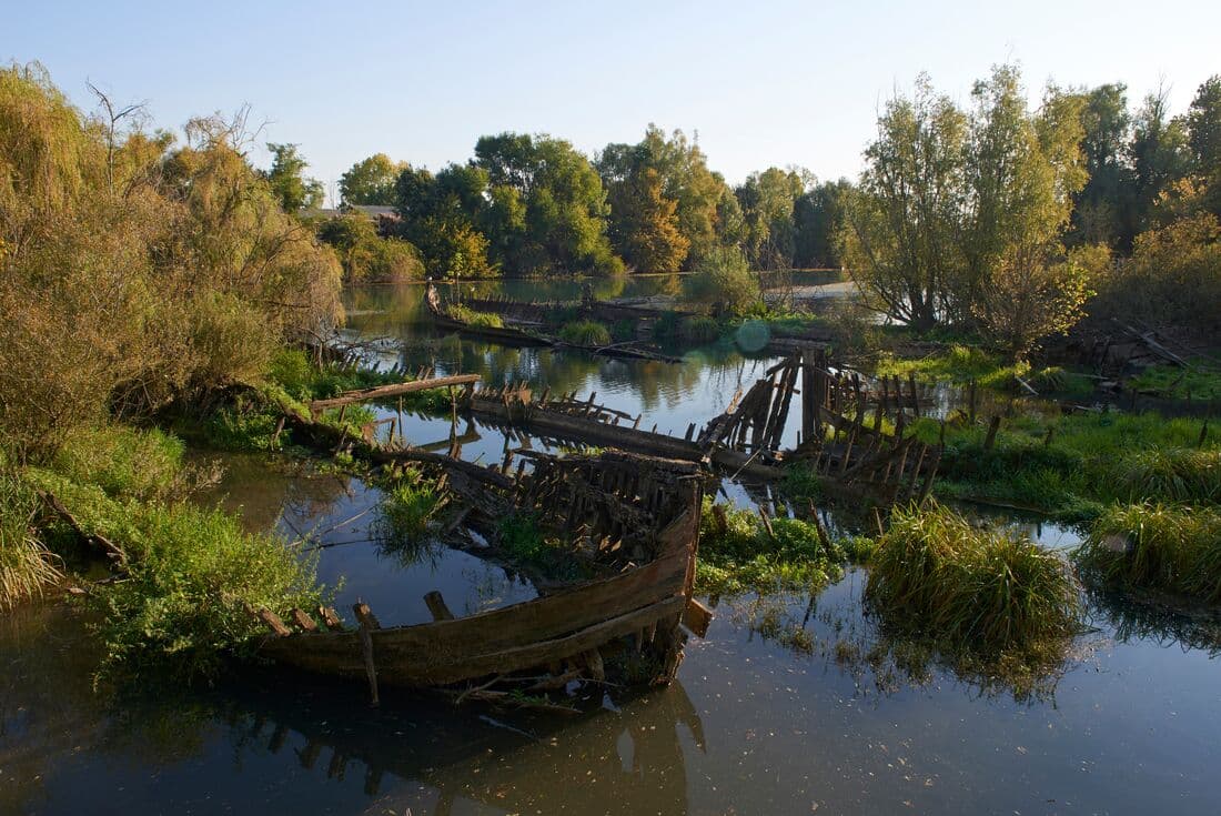 Cimitero dei Burci, an ancient boat graveyard, on the Sile River in Italy