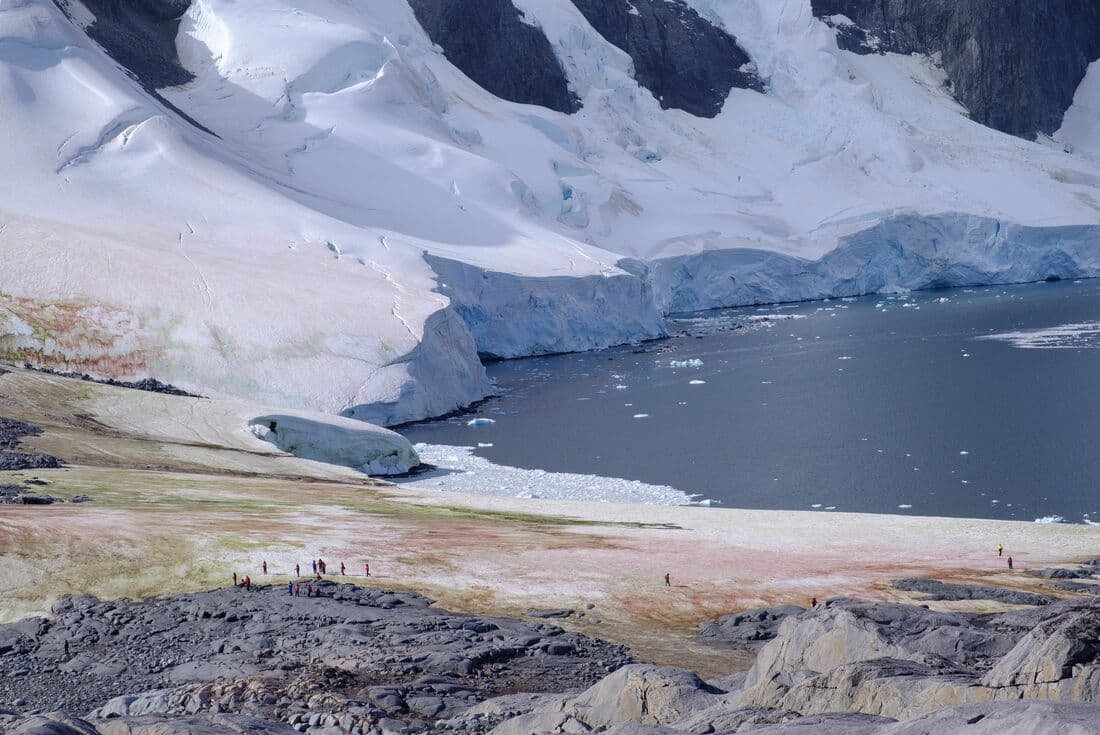 A bird's eye view of travellers, like ants on a hill, exploring Port Charcot's landscape on the Antarctic archipelago