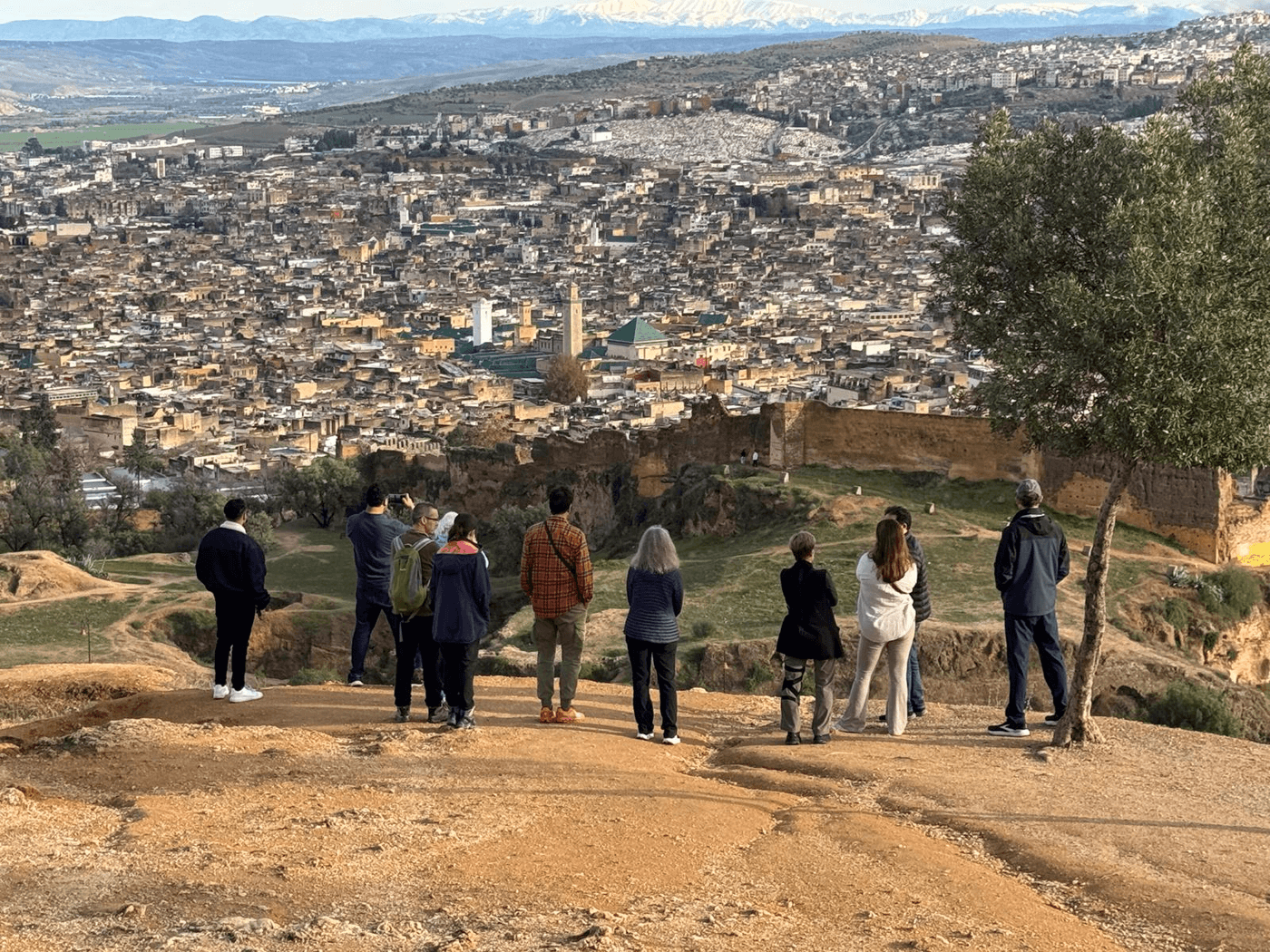 Travellers at a lookout above the buildings of Fes.